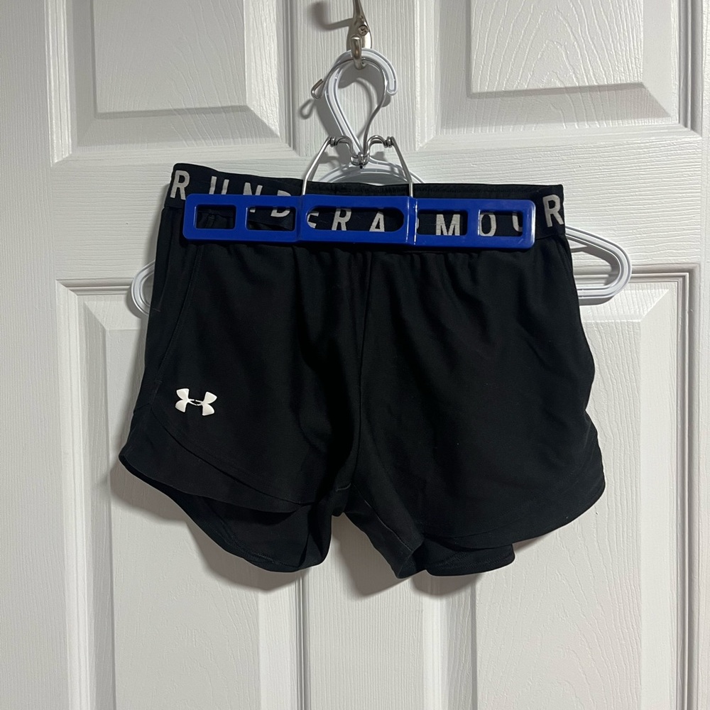 Under Armour Women's Black Athletic Shorts with Blue Waistband